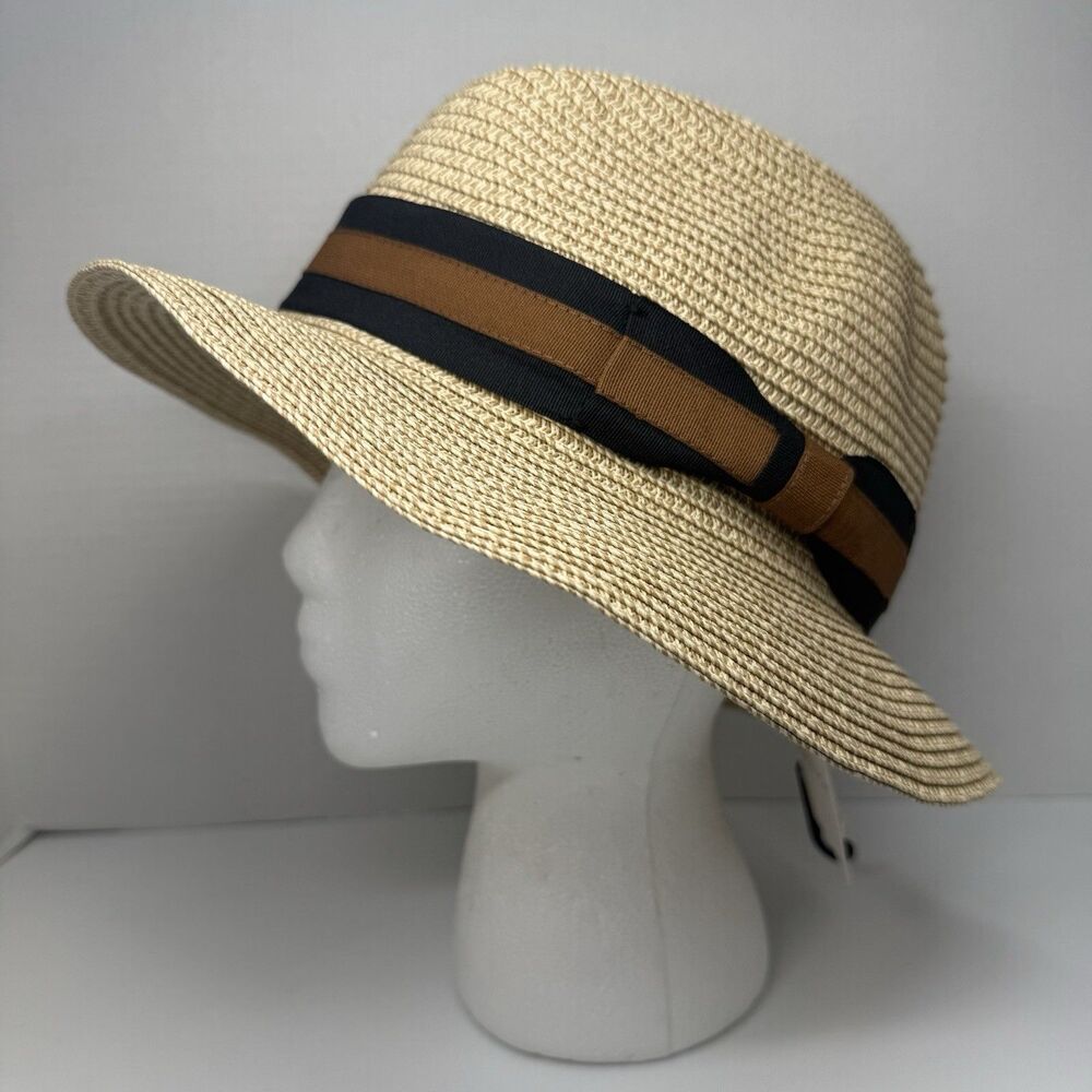 Nordstrom Packable Tan Woven Panama Hat Fedora W/Blk Brown Ribbon Sz S/M New